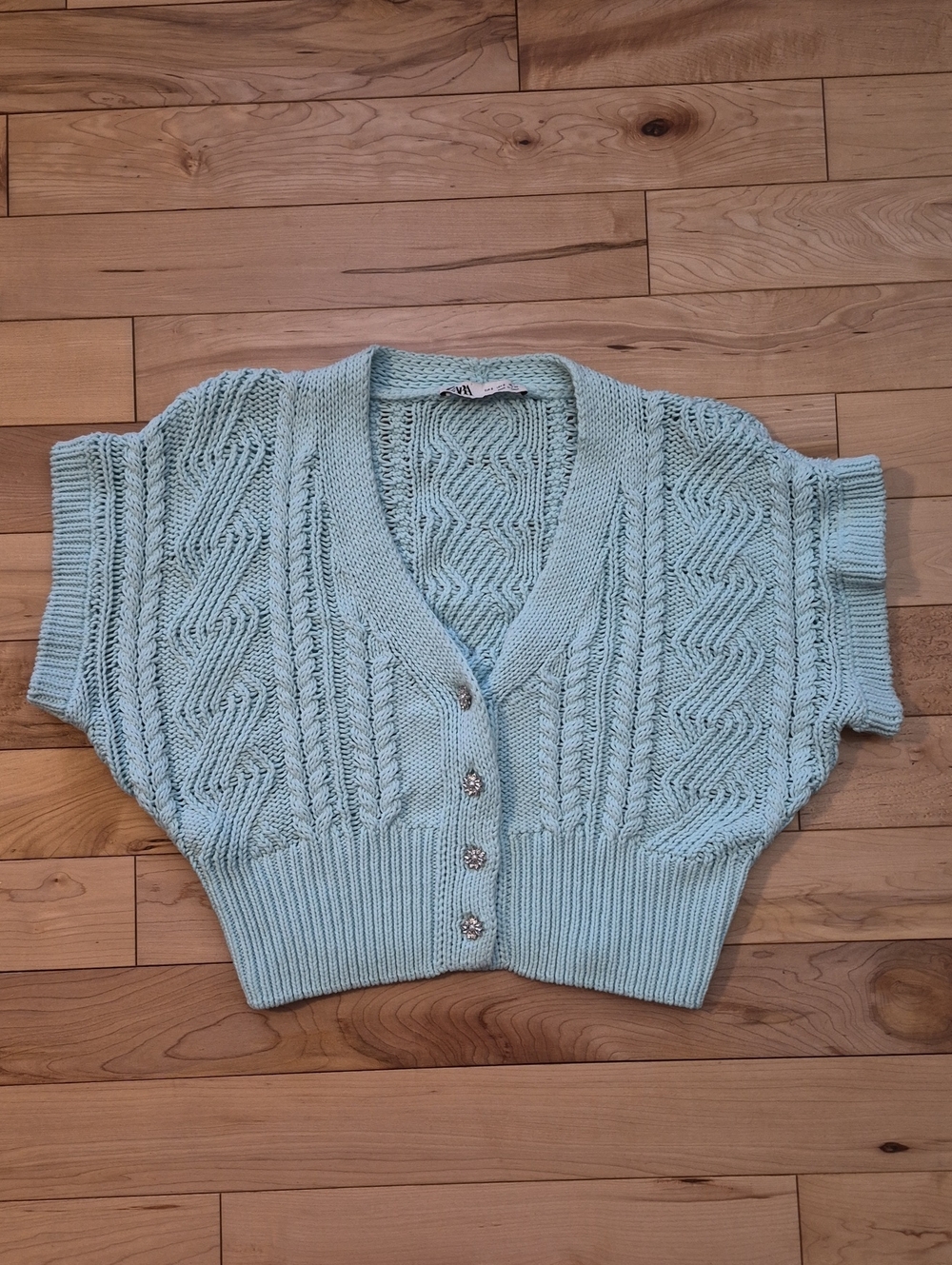 Zara Women's Size Small Pale Blue Cropped Cable-Knit Button Cardigan